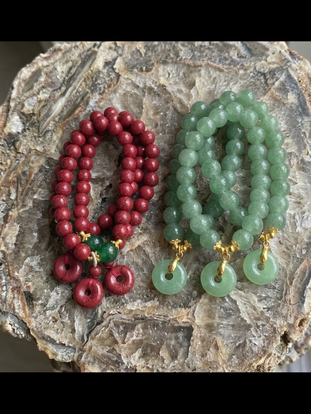 Red Or Green Glass Beaded Stretch Bracelet with Donut Charm
